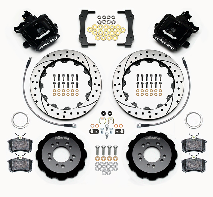 Wilwood Combination Parking Brake Caliper Rear Brake Kit Parts Laid Out - Black Powder Coat Caliper - SRP Drilled & Slotted Rotor