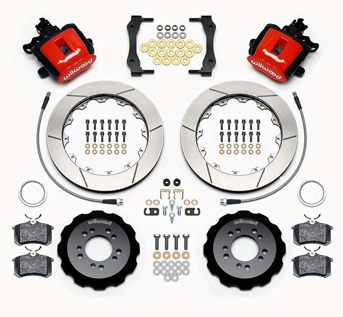 Wilwood Combination Parking Brake Caliper Rear Brake Kit Parts Laid Out - Red Powder Coat Caliper - GT Slotted Rotor