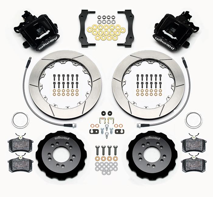 Wilwood Combination Parking Brake Caliper Rear Brake Kit Parts Laid Out - Black Powder Coat Caliper - GT Slotted Rotor