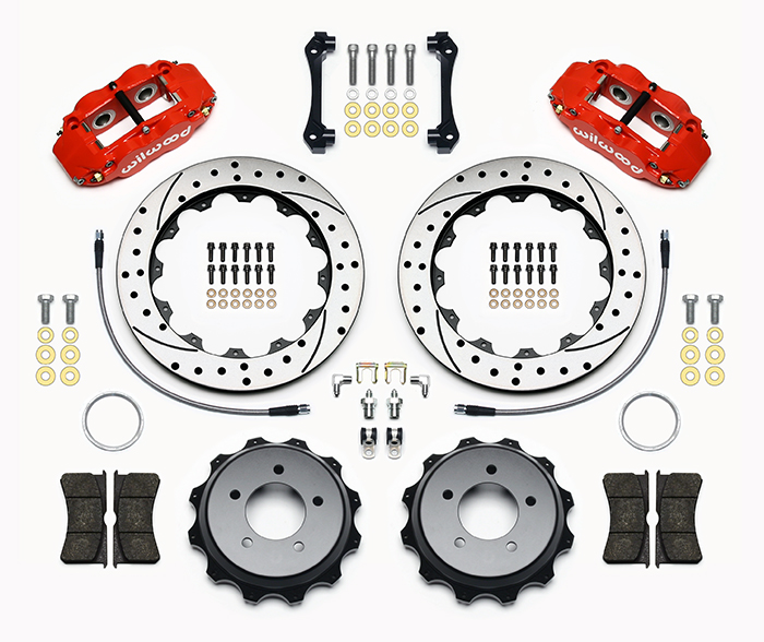 Wilwood Forged Narrow Superlite 4R Big Brake Rear Brake Kit For OE Parking Brake Parts Laid Out - Red Powder Coat Caliper - SRP Drilled & Slotted Rotor