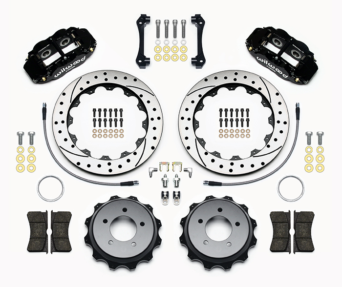 Wilwood Forged Narrow Superlite 4R Big Brake Rear Brake Kit For OE Parking Brake Parts Laid Out - Black Powder Coat Caliper - SRP Drilled & Slotted Rotor