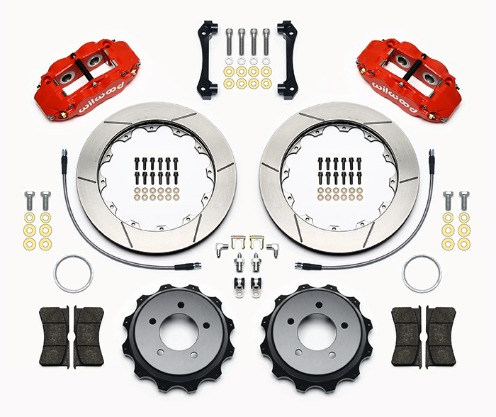 Wilwood Forged Narrow Superlite 4R Big Brake Rear Brake Kit For OE Parking Brake Parts Laid Out - Red Powder Coat Caliper - GT Slotted Rotor