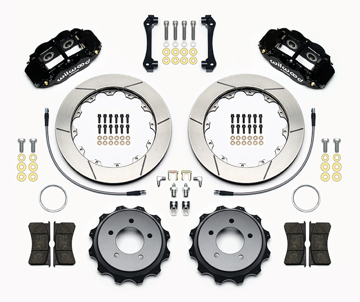 Wilwood Forged Narrow Superlite 4R Big Brake Rear Brake Kit For OE Parking Brake Parts Laid Out - Black Powder Coat Caliper - GT Slotted Rotor