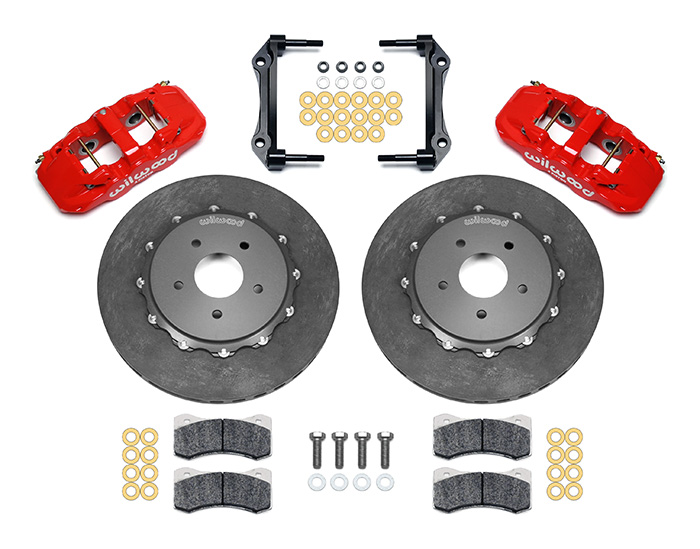 Wilwood AERO4 WCCB Carbon-Ceramic Big Brake Rear OE Parking Brake Kit Parts Laid Out - Red Powder Coat Caliper - Plain Face Rotor