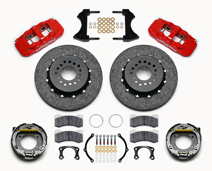 Wilwood AERO4 WCCB Carbon-Ceramic Big Brake Rear Parking Brake Kit Parts Laid Out - Red Powder Coat Caliper - Plain Face Rotor