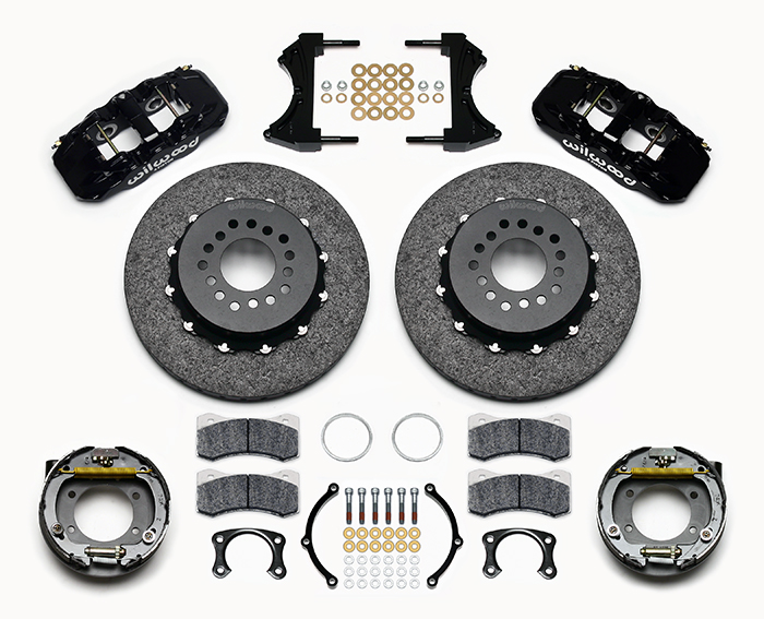 Wilwood AERO4 WCCB Carbon-Ceramic Big Brake Rear Parking Brake Kit Parts Laid Out - Black Powder Coat Caliper - Plain Face Rotor