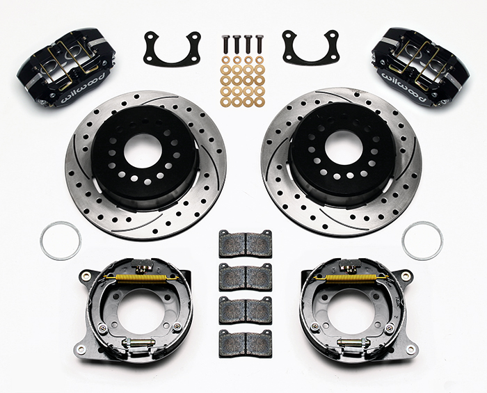 Wilwood Dynapro Lug Mount Rear Parking Brake Kit Parts Laid Out - Black Powder Coat Caliper - SRP Drilled & Slotted Rotor