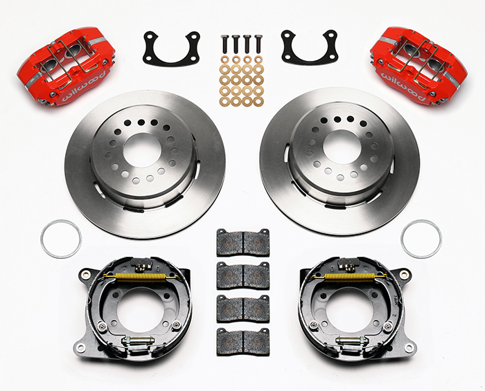 Wilwood Dynapro Lug Mount Rear Parking Brake Kit Parts Laid Out - Red Powder Coat Caliper - Plain Face Rotor