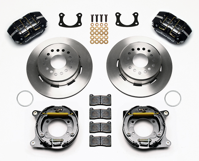 Wilwood Dynapro Lug Mount Rear Parking Brake Kit Parts Laid Out - Black Powder Coat Caliper - Plain Face Rotor