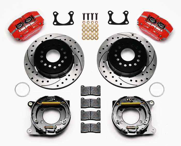 Wilwood Dynapro Dust-Boot Rear Parking Brake Kit Parts Laid Out - Red Powder Coat Caliper - SRP Drilled & Slotted Rotor