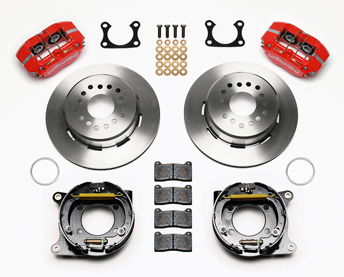 Wilwood Dynapro Dust-Boot Rear Parking Brake Kit Parts Laid Out - Red Powder Coat Caliper - Plain Face Rotor
