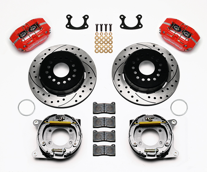 Wilwood Dynapro Dust-Boot Rear Parking Brake Kit Parts Laid Out - Red Powder Coat Caliper - SRP Drilled & Slotted Rotor