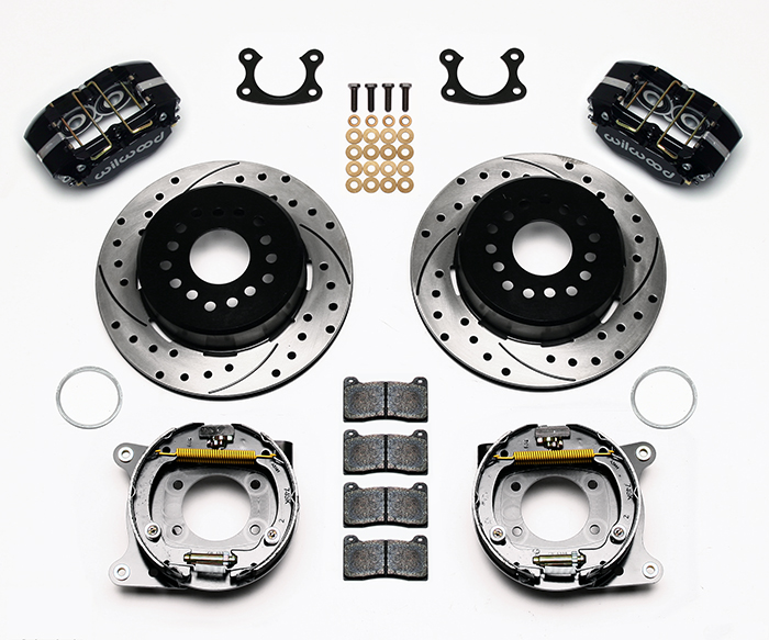 Wilwood Dynapro Dust-Boot Rear Parking Brake Kit Parts Laid Out - Black Powder Coat Caliper - SRP Drilled & Slotted Rotor