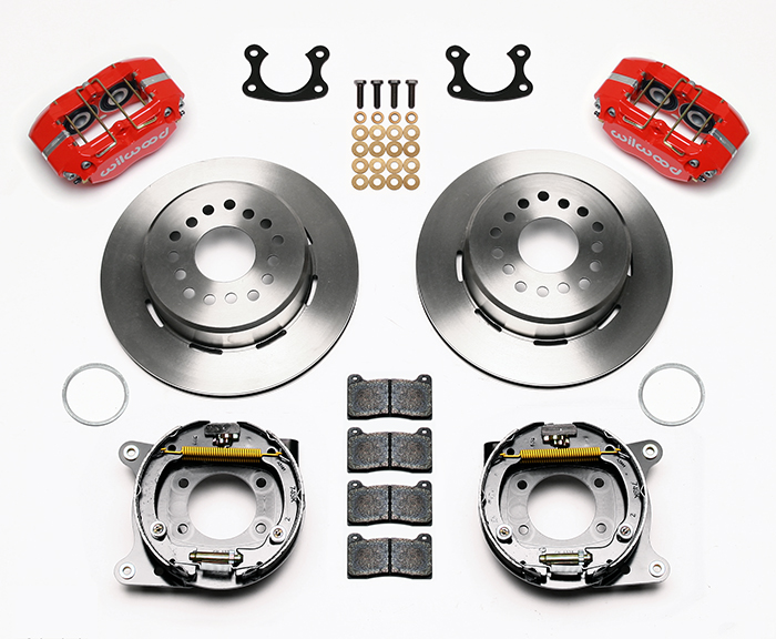 Wilwood Dynapro Dust-Boot Rear Parking Brake Kit Parts Laid Out - Red Powder Coat Caliper - Plain Face Rotor