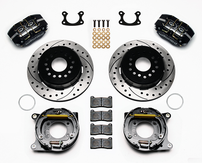Wilwood Dynapro Dust-Boot Rear Parking Brake Kit Parts Laid Out - Black Powder Coat Caliper - SRP Drilled & Slotted Rotor
