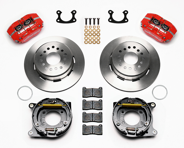 Wilwood Dynapro Dust-Boot Rear Parking Brake Kit Parts Laid Out - Red Powder Coat Caliper - Plain Face Rotor