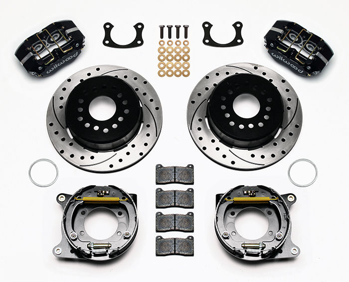 Wilwood Dynapro Dust-Boot Rear Parking Brake Kit Parts Laid Out - Black Powder Coat Caliper - SRP Drilled & Slotted Rotor