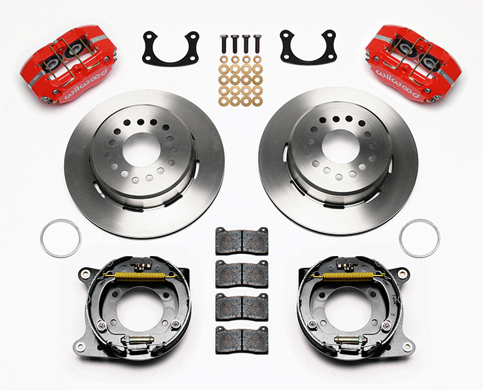 Wilwood Dynapro Dust-Boot Rear Parking Brake Kit Parts Laid Out - Red Powder Coat Caliper - Plain Face Rotor