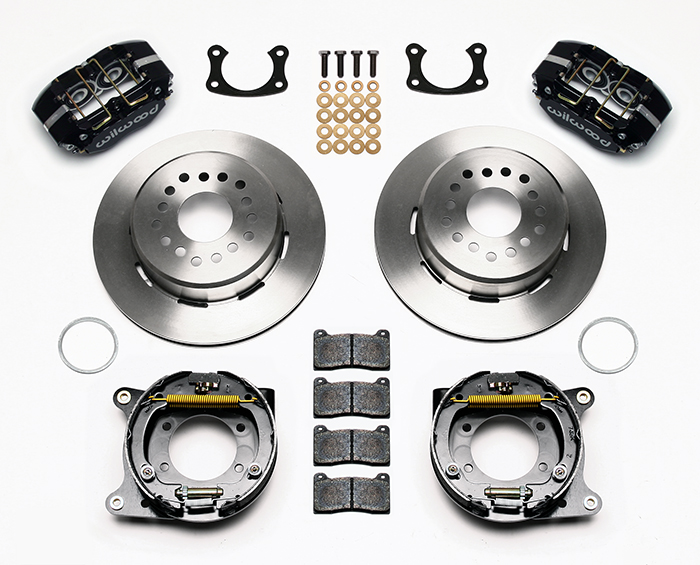 Wilwood Dynapro Dust-Boot Rear Parking Brake Kit Parts Laid Out - Black Powder Coat Caliper - Plain Face Rotor