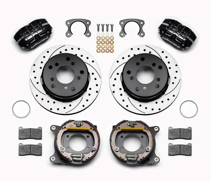 Wilwood Dynapro Lug Mount Rear Parking Brake Kit Parts Laid Out - Black Powder Coat Caliper - SRP Drilled & Slotted Rotor