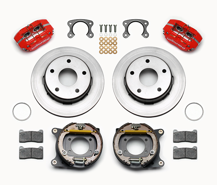 Wilwood Dynapro Lug Mount Rear Parking Brake Kit Parts Laid Out - Red Powder Coat Caliper - Plain Face Rotor