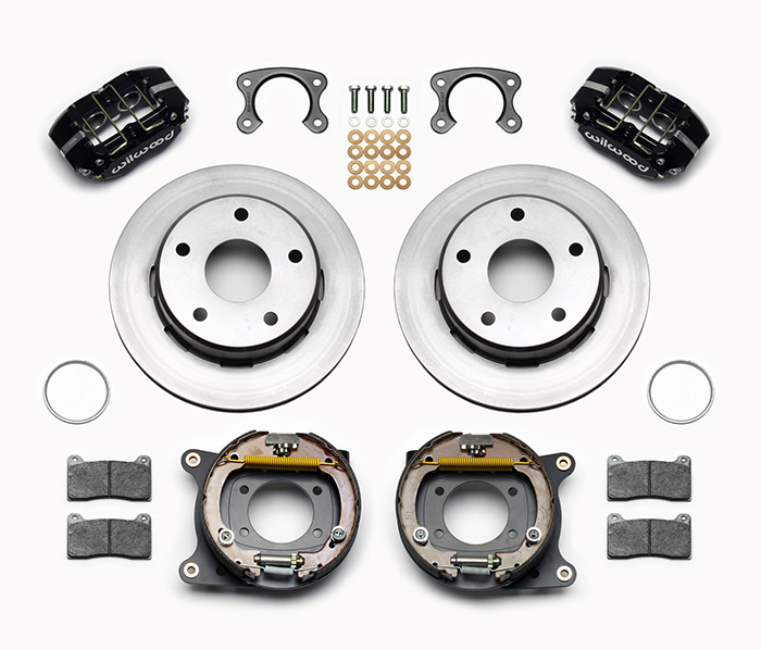 Wilwood Dynapro Lug Mount Rear Parking Brake Kit Parts Laid Out - Black Powder Coat Caliper - Plain Face Rotor