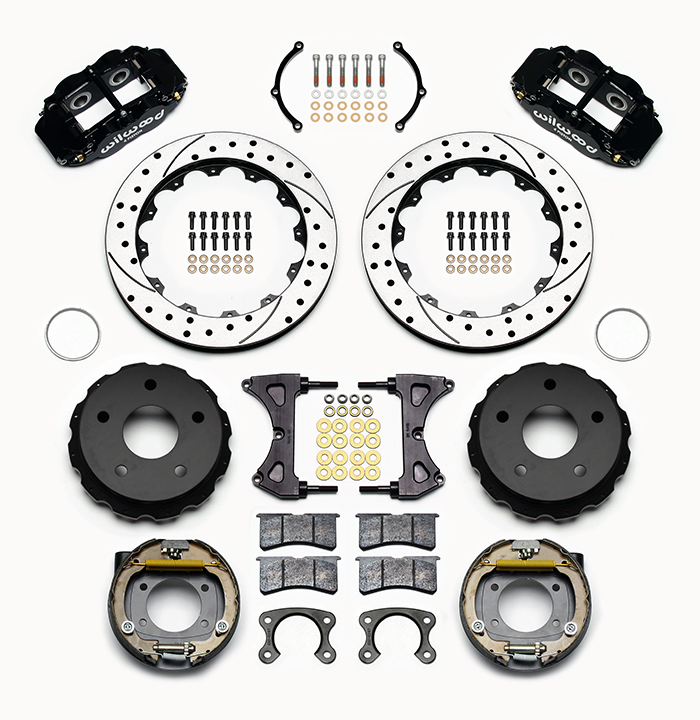 Wilwood Forged Narrow Superlite 4R Big Brake Rear Parking Brake Kit Parts Laid Out - Black Powder Coat Caliper - SRP Drilled & Slotted Rotor