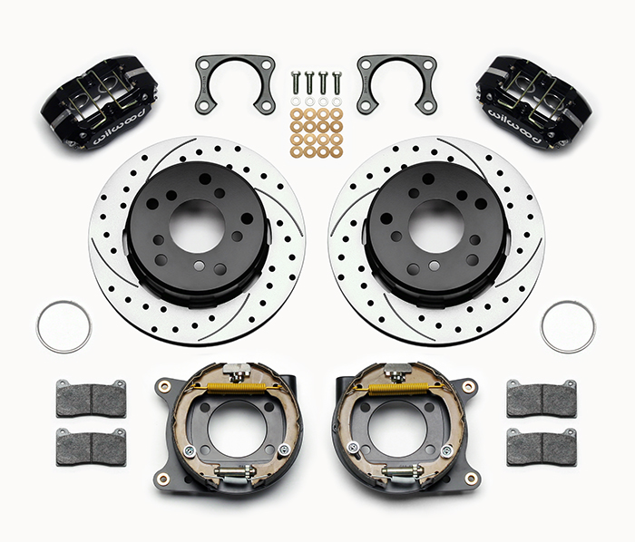 Wilwood Dynapro Lug Mount Rear Parking Brake Kit Parts Laid Out - Black Powder Coat Caliper - SRP Drilled & Slotted Rotor