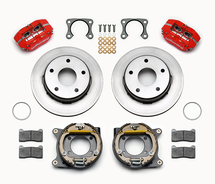 Wilwood Dynapro Lug Mount Rear Parking Brake Kit Parts Laid Out - Red Powder Coat Caliper - Plain Face Rotor