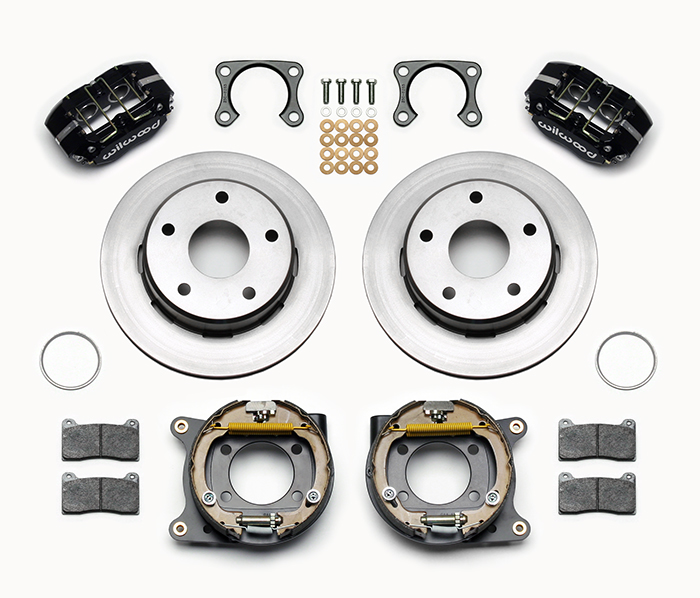 Wilwood Dynapro Lug Mount Rear Parking Brake Kit Parts Laid Out - Black Powder Coat Caliper - Plain Face Rotor