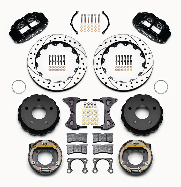 Wilwood Forged Narrow Superlite 4R Big Brake Rear Parking Brake Kit Parts Laid Out - Black Powder Coat Caliper - SRP Drilled & Slotted Rotor