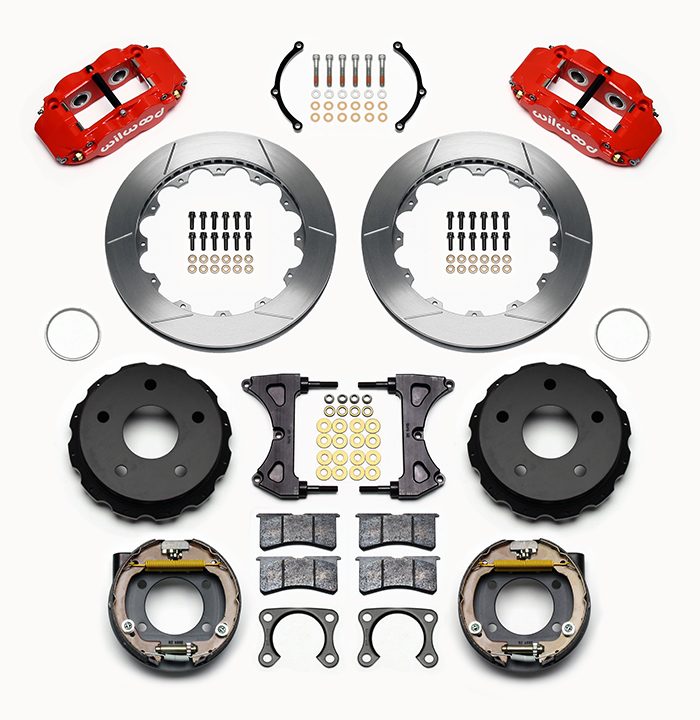 Wilwood Forged Narrow Superlite 4R Big Brake Rear Parking Brake Kit Parts Laid Out - Red Powder Coat Caliper - GT Slotted Rotor