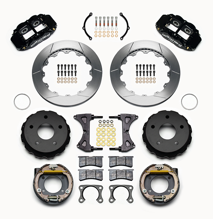 Wilwood Forged Narrow Superlite 4R Big Brake Rear Parking Brake Kit Parts Laid Out - Black Powder Coat Caliper - GT Slotted Rotor