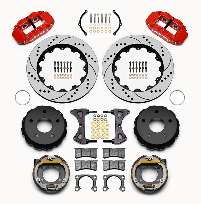 Wilwood Forged Narrow Superlite 4R Big Brake Rear Parking Brake Kit Parts Laid Out - Red Powder Coat Caliper - SRP Drilled & Slotted Rotor