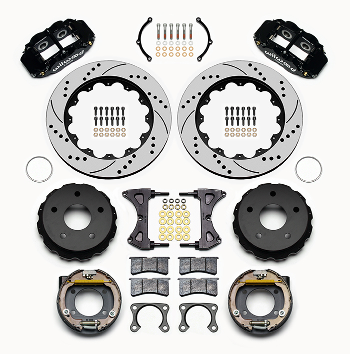 Wilwood Forged Narrow Superlite 4R Big Brake Rear Parking Brake Kit Parts Laid Out - Black Powder Coat Caliper - SRP Drilled & Slotted Rotor