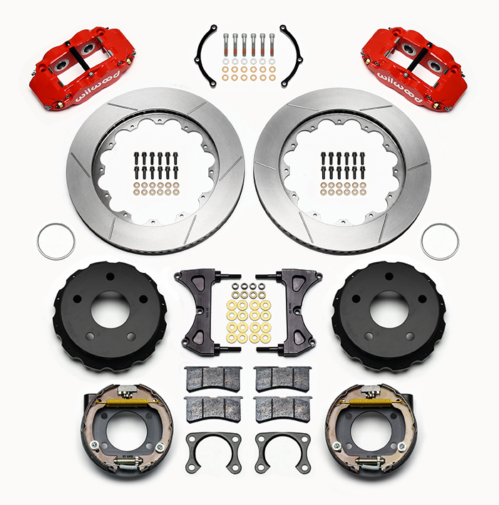 Wilwood Forged Narrow Superlite 4R Big Brake Rear Parking Brake Kit Parts Laid Out - Red Powder Coat Caliper - GT Slotted Rotor