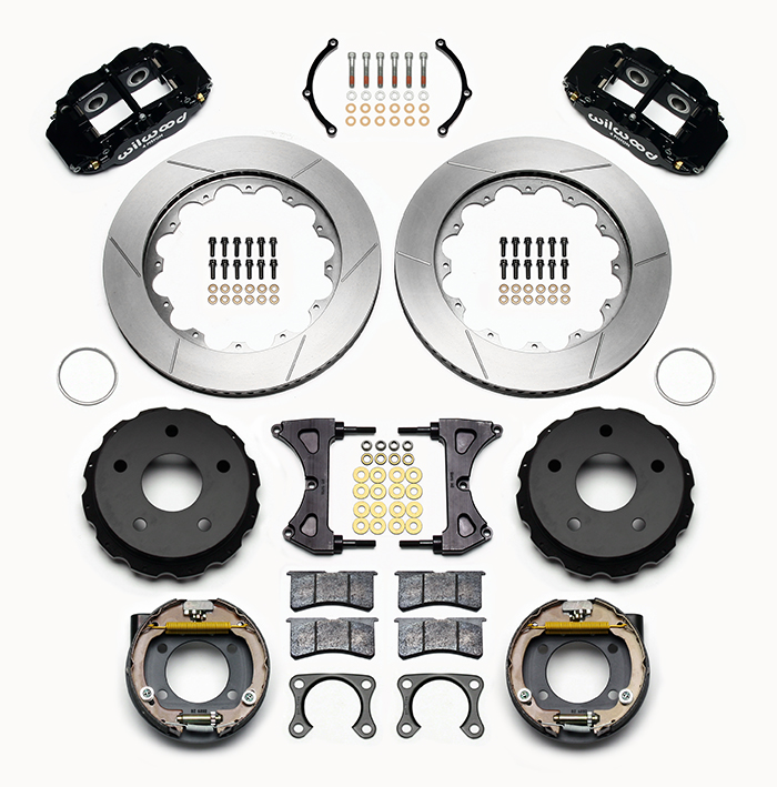 Wilwood Forged Narrow Superlite 4R Big Brake Rear Parking Brake Kit Parts Laid Out - Black Powder Coat Caliper - GT Slotted Rotor