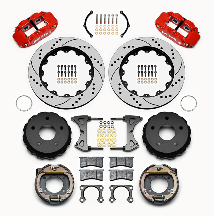 Wilwood Forged Narrow Superlite 4R Big Brake Rear Parking Brake Kit Parts Laid Out - Red Powder Coat Caliper - SRP Drilled & Slotted Rotor