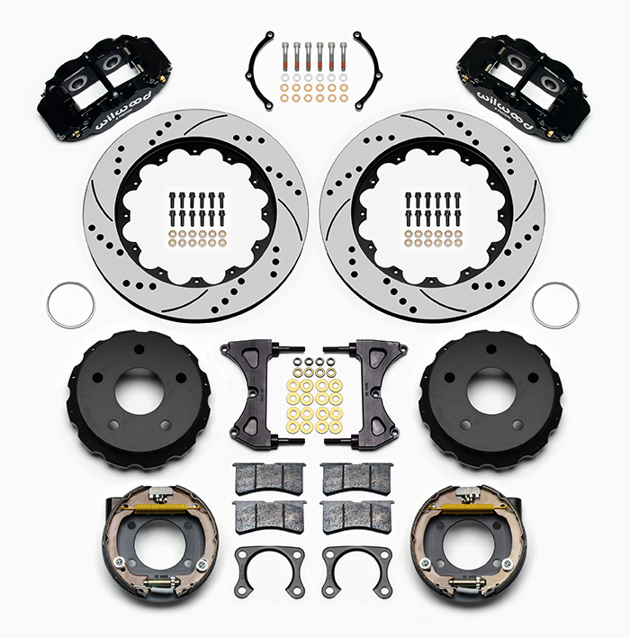 Wilwood Forged Narrow Superlite 4R Big Brake Rear Parking Brake Kit Parts Laid Out - Black Powder Coat Caliper - SRP Drilled & Slotted Rotor