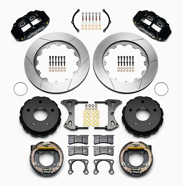 Wilwood Forged Narrow Superlite 4R Big Brake Rear Parking Brake Kit Parts Laid Out - Black Powder Coat Caliper - GT Slotted Rotor