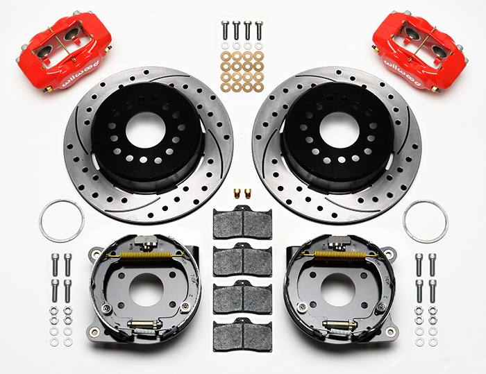 Wilwood Forged Dynalite Rear Parking Brake Kit Parts Laid Out - Red Powder Coat Caliper - SRP Drilled & Slotted Rotor