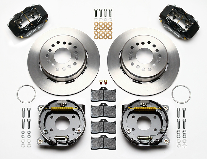 Wilwood Forged Dynalite Rear Parking Brake Kit Parts Laid Out - Black Powder Coat Caliper - Plain Face Rotor