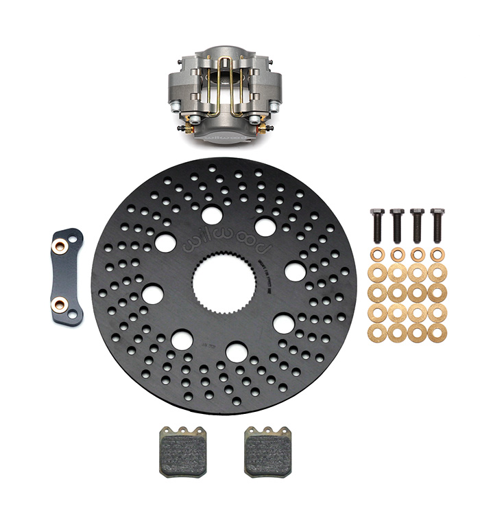 Wilwood Dynapro Single Right Rear Sprint Brake Kit Parts Laid Out - Type III Anodize Caliper - Drilled Rotor