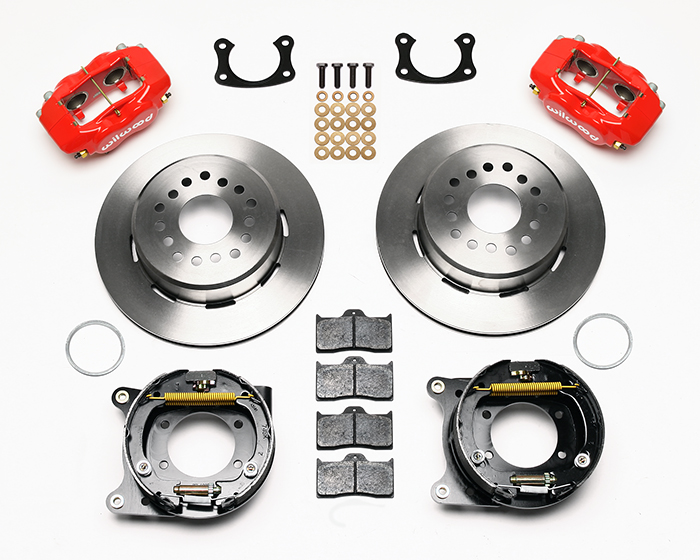 Wilwood Forged Dynalite Rear Parking Brake Kit Parts Laid Out - Red Powder Coat Caliper - Plain Face Rotor