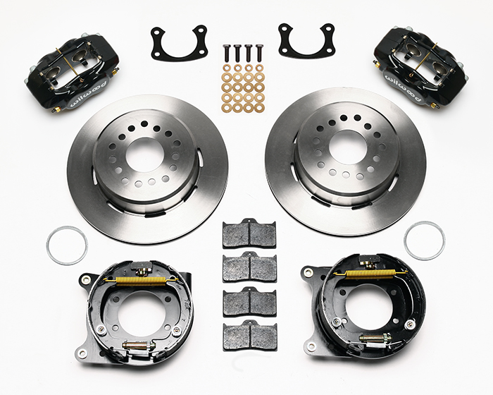 Wilwood Forged Dynalite Rear Parking Brake Kit Parts Laid Out - Black Powder Coat Caliper - Plain Face Rotor