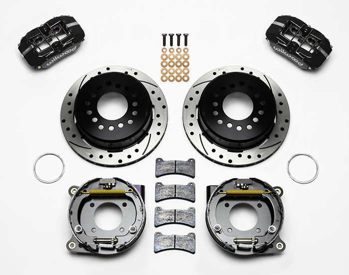 Wilwood Forged Dynapro Low-Profile Rear Parking Brake Kit Parts Laid Out - Black Powder Coat Caliper - SRP Drilled & Slotted Rotor