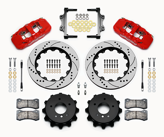 Wilwood AERO4 Big Brake Rear Brake Kit For OE Parking Brake Parts Laid Out - Red Powder Coat Caliper - SRP Drilled & Slotted Rotor