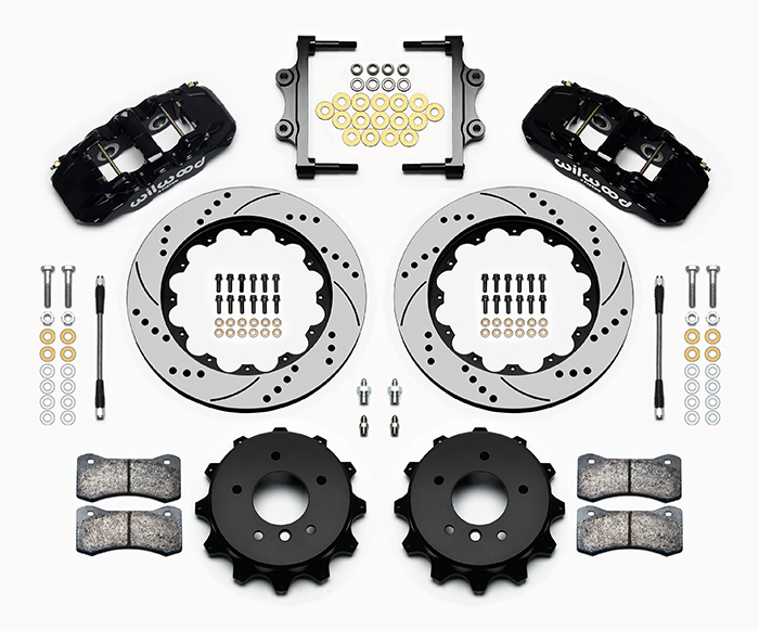 Wilwood AERO4 Big Brake Rear Brake Kit For OE Parking Brake Parts Laid Out - Black Powder Coat Caliper - SRP Drilled & Slotted Rotor