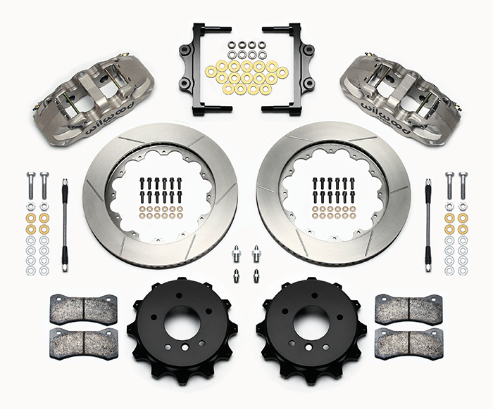 Wilwood AERO4 Big Brake Rear Brake Kit For OE Parking Brake Parts Laid Out - Nickel Plate Caliper - GT Slotted Rotor