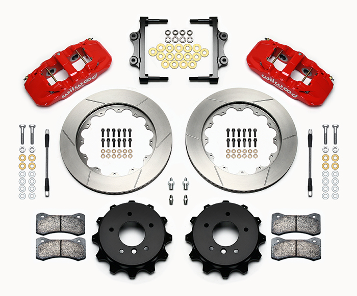 Wilwood AERO4 Big Brake Rear Brake Kit For OE Parking Brake Parts Laid Out - Red Powder Coat Caliper - GT Slotted Rotor